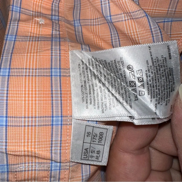 Brooks Brothers 346 Men’s Button Up Dress Shirt Orange‎ Blue Checkered Cotton - Picture 10 of 11
